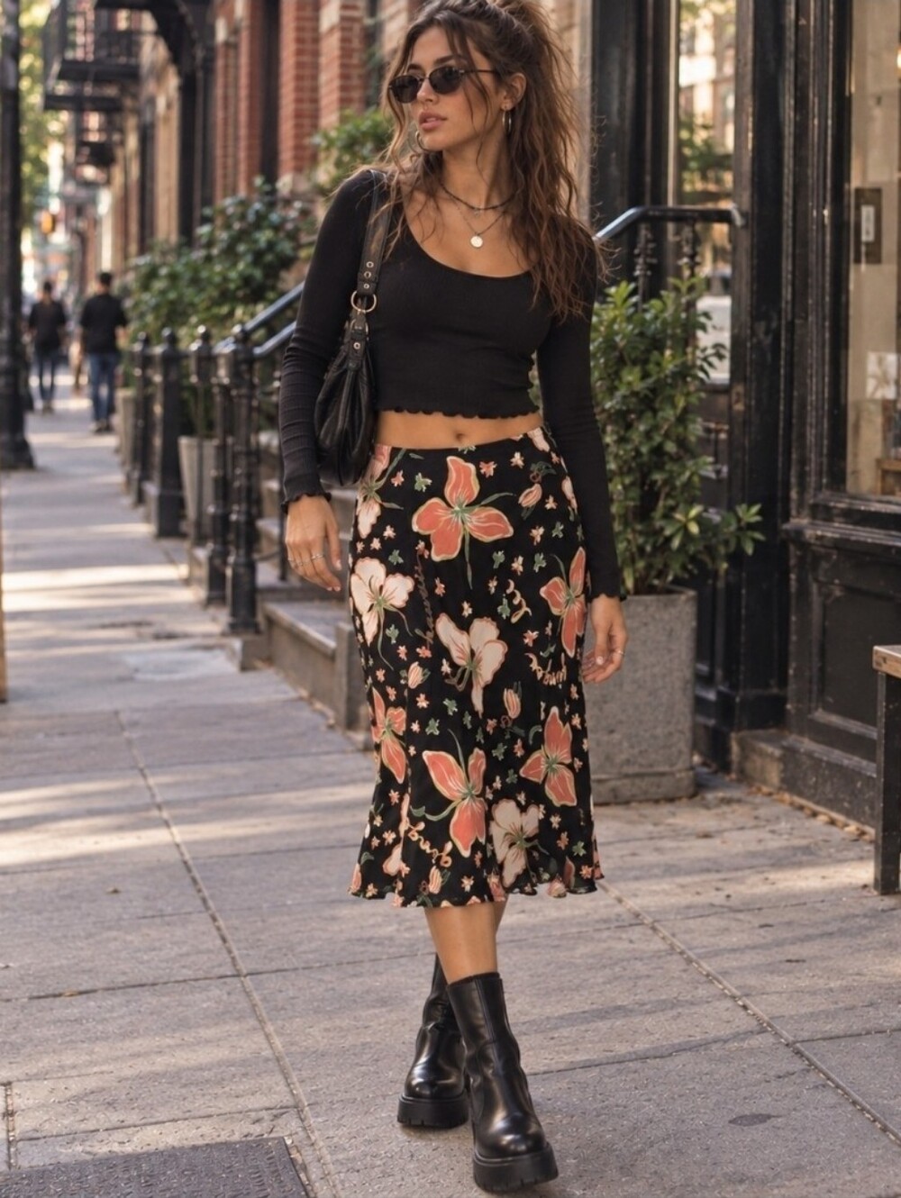 Vintage Y2k CAbi Black Floral Print Midi Skirt Size Medium